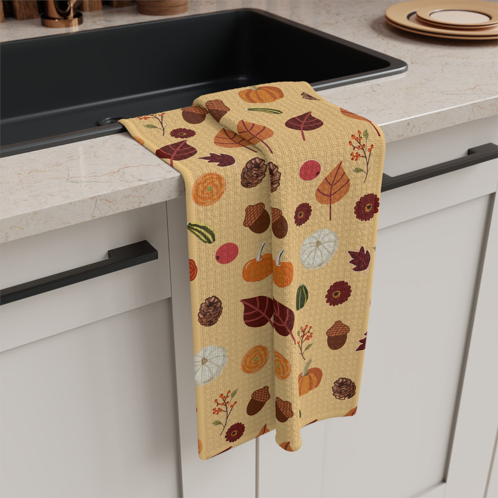 Autumn Leaves, Acorns and Pumpkins Hand Designed Microfiber Tea Towel