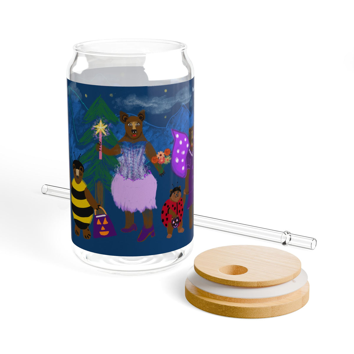 Halloween Bears in Costumes Glass Can  16oz