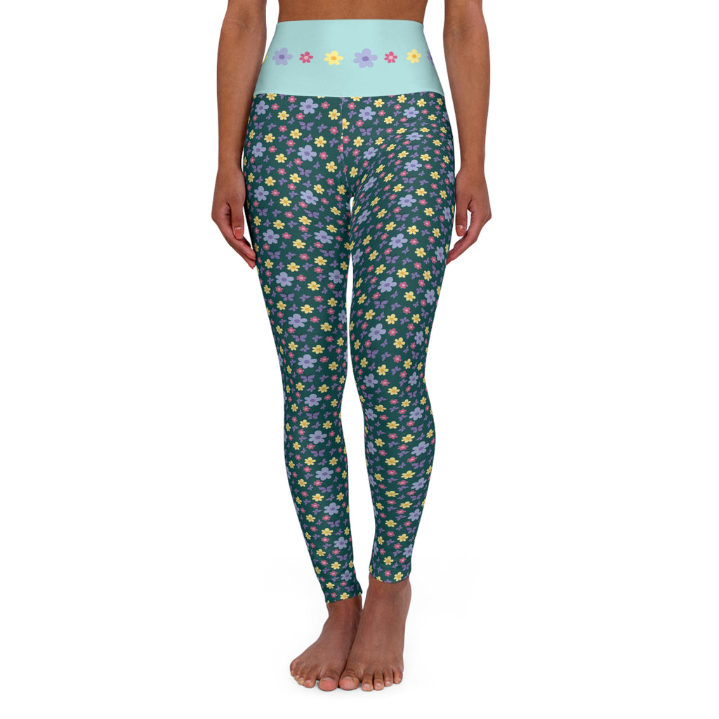 Dark green and Pastel Floral Pattern Leggings | High Waist Yoga Leggings