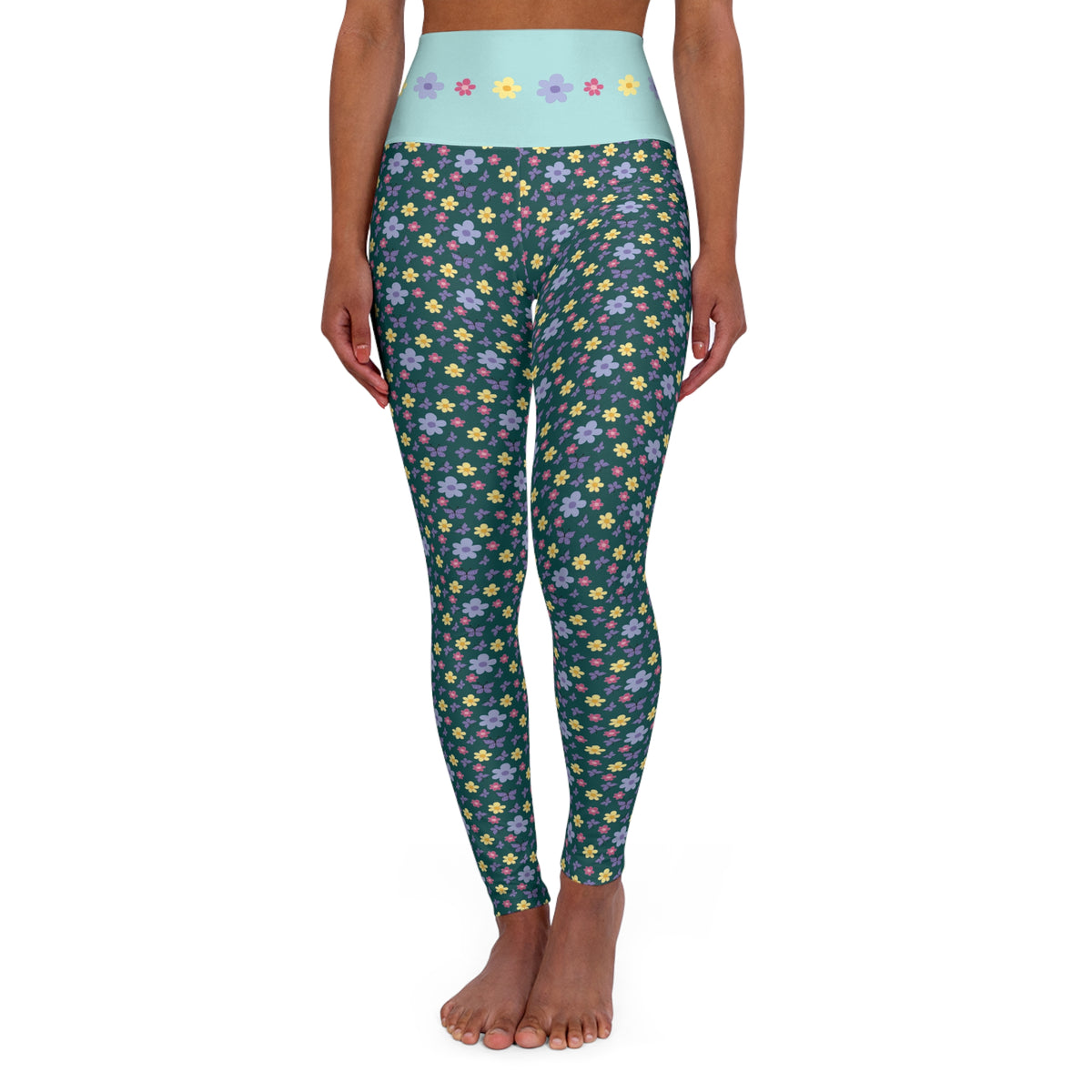 Dark green and Pastel Floral Pattern Leggings | High Waist Yoga Leggings