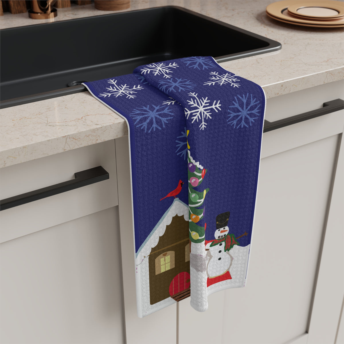 Snowman-Ski Holiday Hand Designed Tea Towel