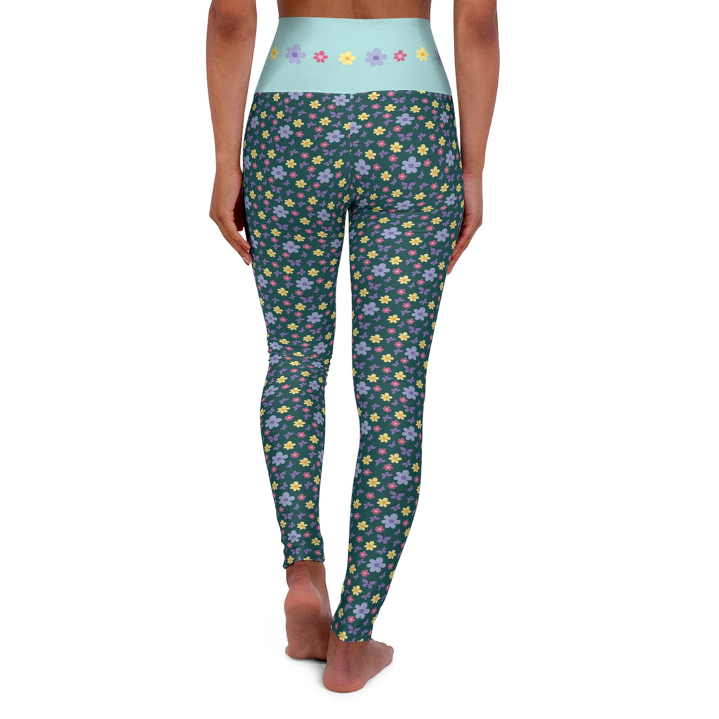 Dark green and Pastel Floral Pattern Leggings | High Waist Yoga Leggings