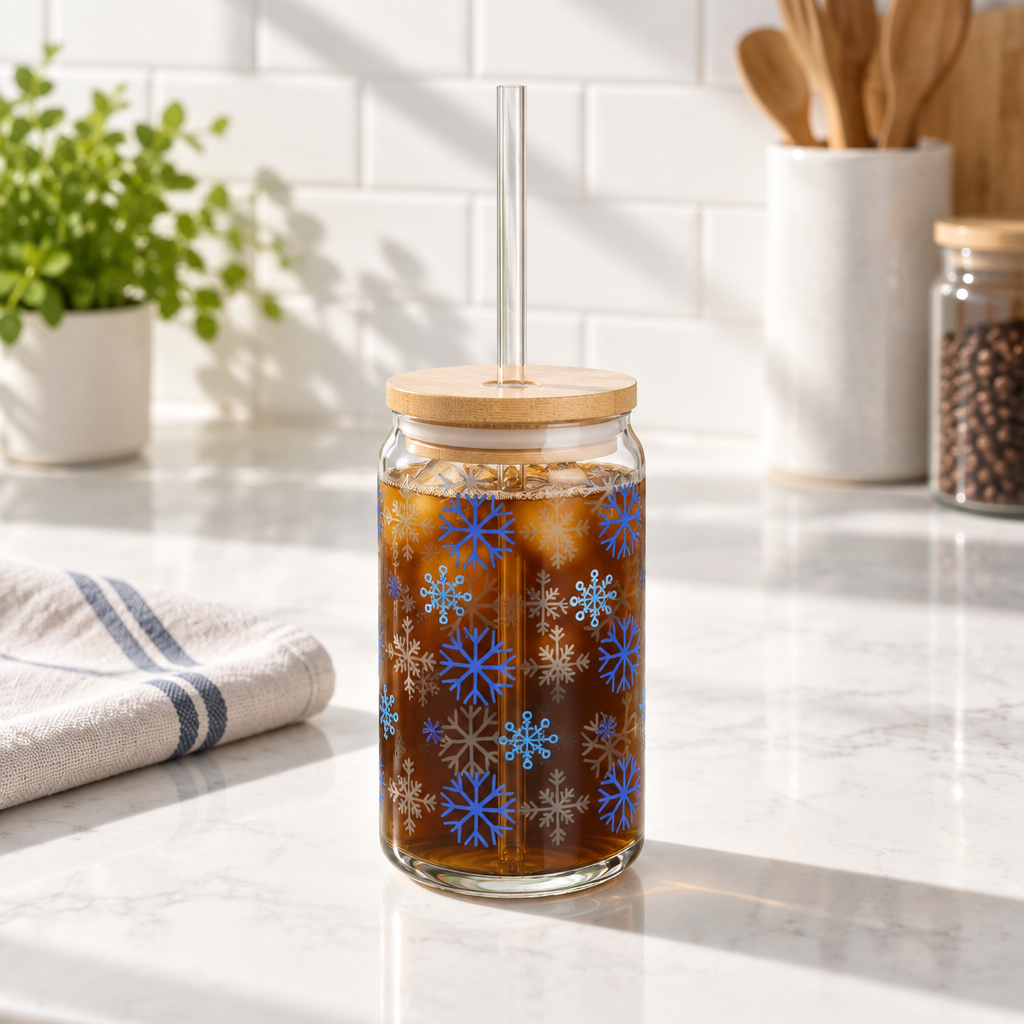 Snowflake glass sipping can  16oz