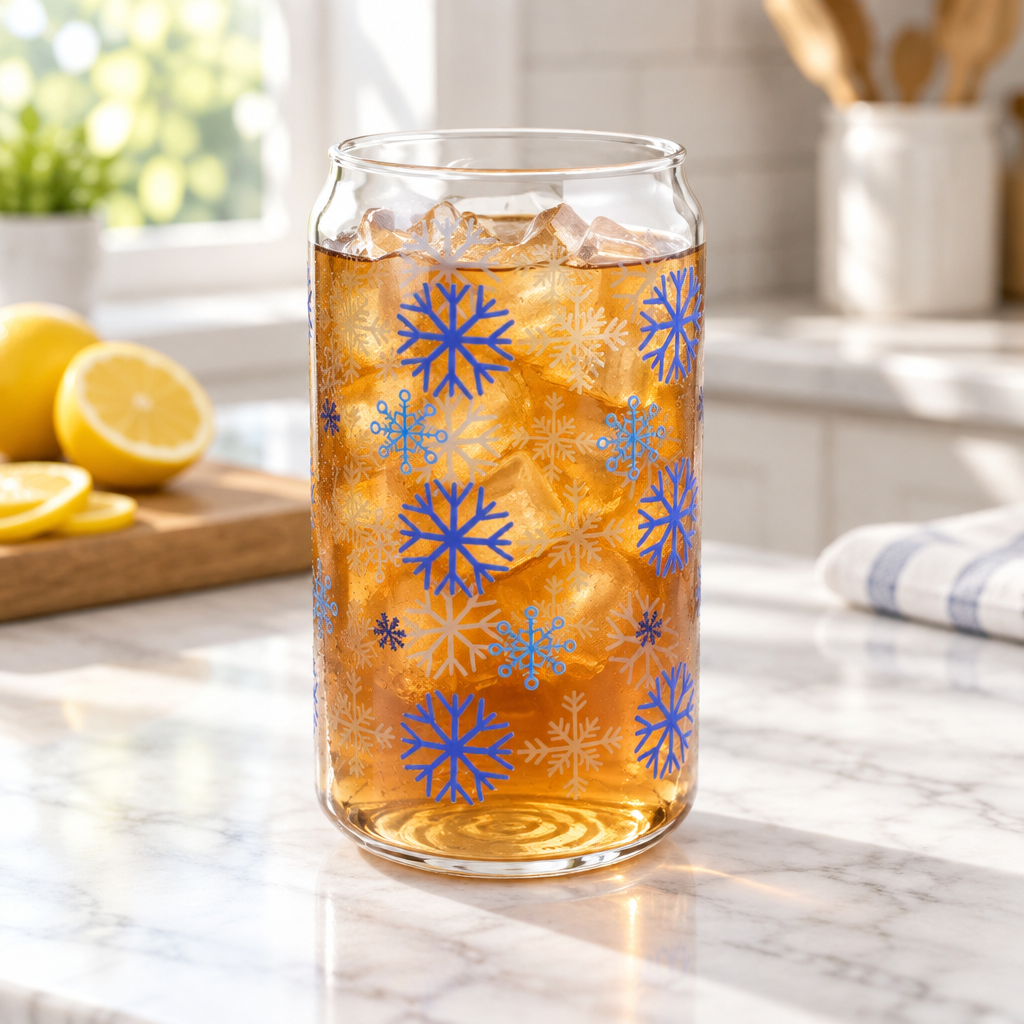 Snowflake glass sipping can  16oz