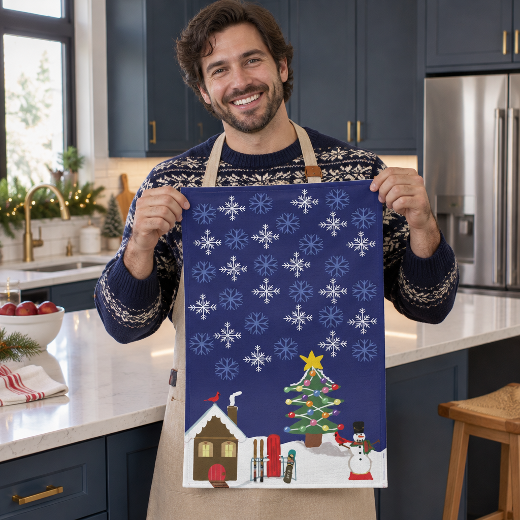 Snowman-Ski Holiday Hand Designed Tea Towel