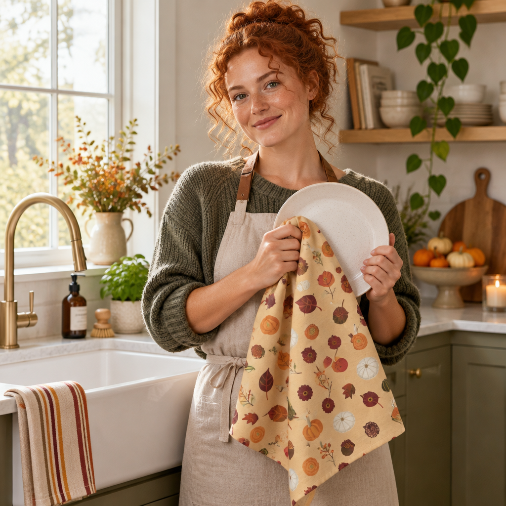 Autumn Leaves, Acorns and Pumpkins Hand Designed Microfiber Tea Towel