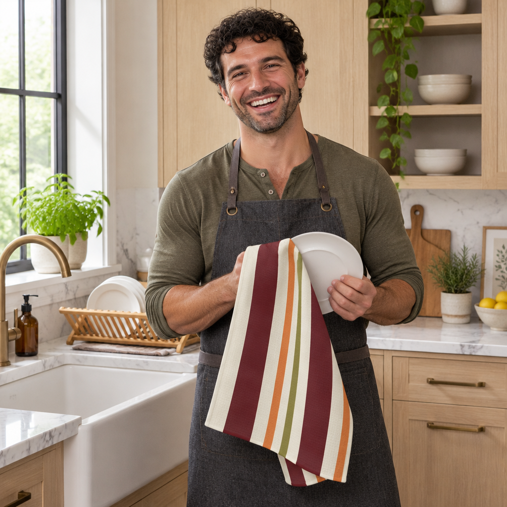 Burgundy Olive Orange Striped Tea Towel