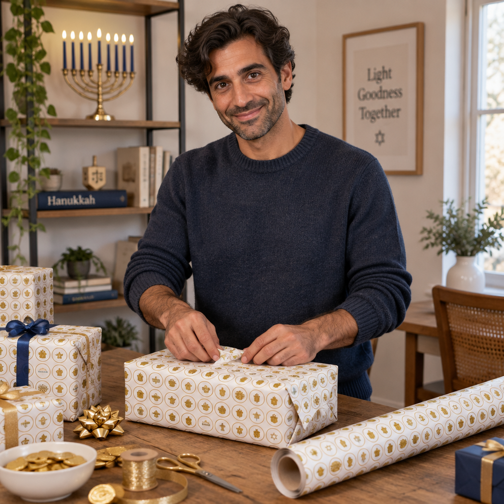Chanukah Gift Wrapping Paper Roll – Elegant Gold Celebration motif patterns