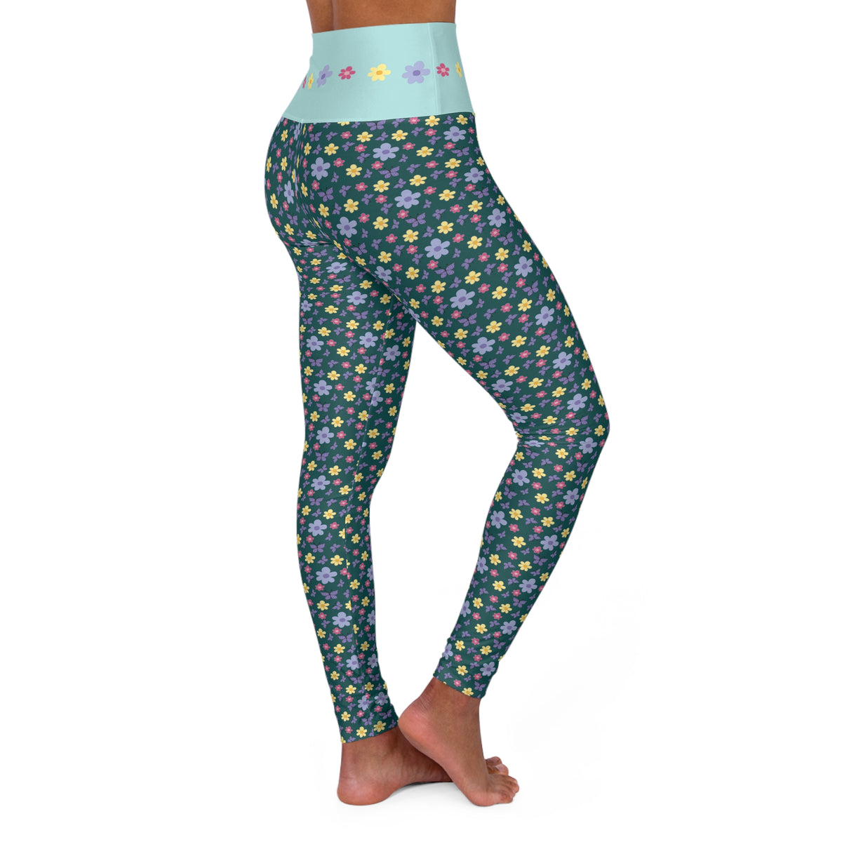 Dark green and Pastel Floral Pattern Leggings | High Waist Yoga Leggings
