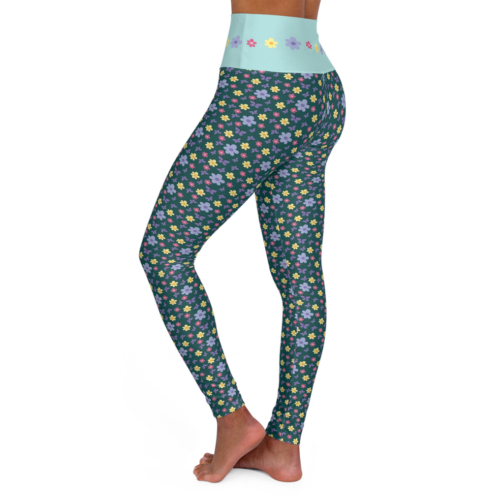 Dark green and Pastel Floral Pattern Leggings | High Waist Yoga Leggings