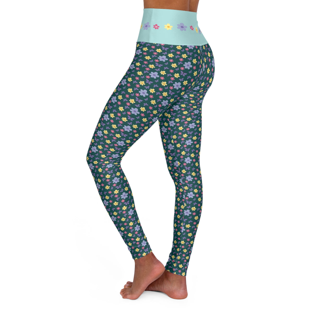 Dark green and Pastel Floral Pattern Leggings | High Waist Yoga Leggings