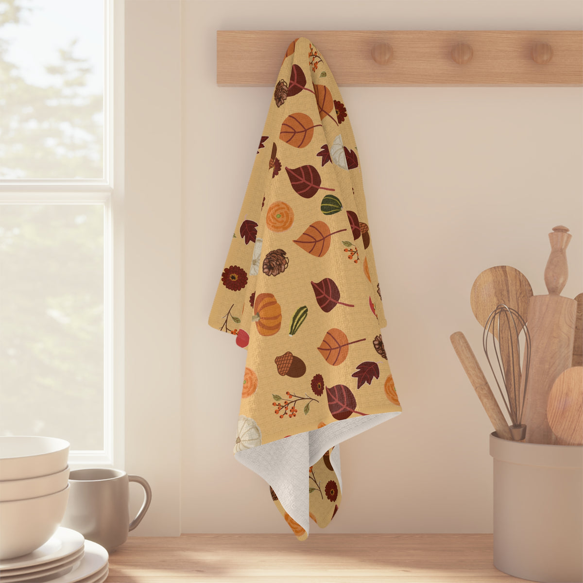 Autumn Leaves, Acorns and Pumpkins Hand Designed Microfiber Tea Towel