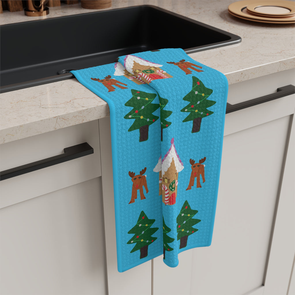 Christmas Gingerbread Village and Tree Pattern Microfiber Tea Towel
